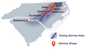 Our NC & SC Locations - Rocky Mount NC - Bailey NC - Wilson NC - Benson - NC - Goldsboro - NC - Fayetteville NC - Blacksburg SC NEW MAP 2-4