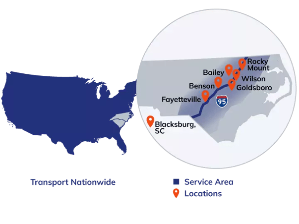 Service Area - Rocky Mount NC - Wilson NC - Goldsboro NC - Baily NC - Benson - NC - Fabyetteville NC - Blaksburg SC